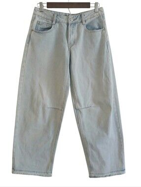 RISE SUPPLY Barrel Leg Jeans Women's 28 Light Wash High Rise Raw Hem Boho
